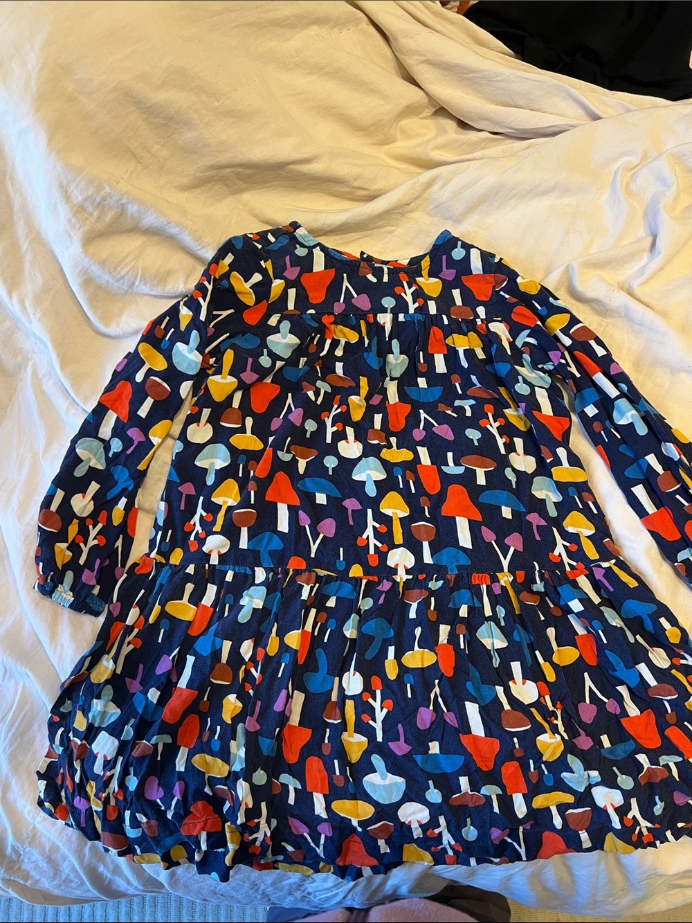 Girls' Navy Mushroom Print Long-Sleeve tiered Dress Hanna Andersson